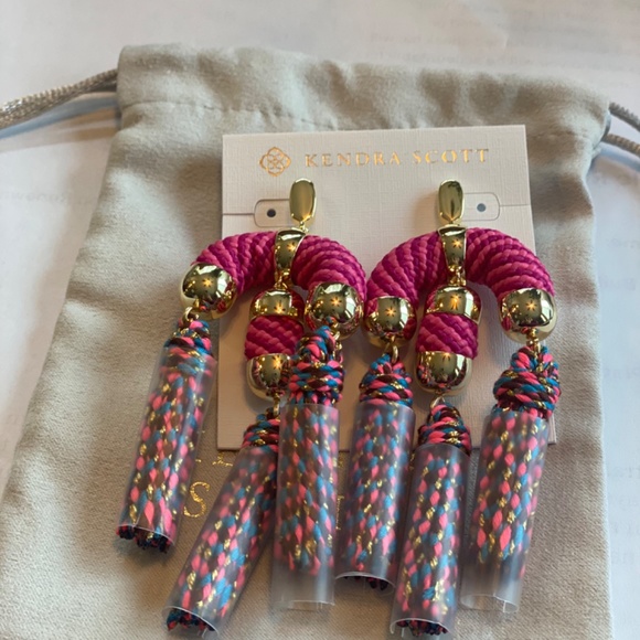 REG $150 GORGEOUS BRAIDED CORD STATEMENT EARRINGS WITH TASSELS - GOLD PINK MIX - Picture 5 of 7